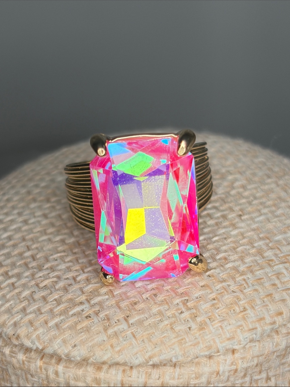 Pink Aurora Crystal Statement Ring - Sz 7 adjustable